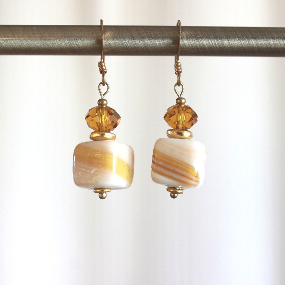 Handmade Amber Swirl Glass and‎ Crystal Drop Earrings Gold Tone French Wire E1